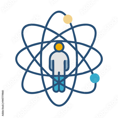 Human in Atomic Orbit Icon Representing Scientific Knowledge and Discovery