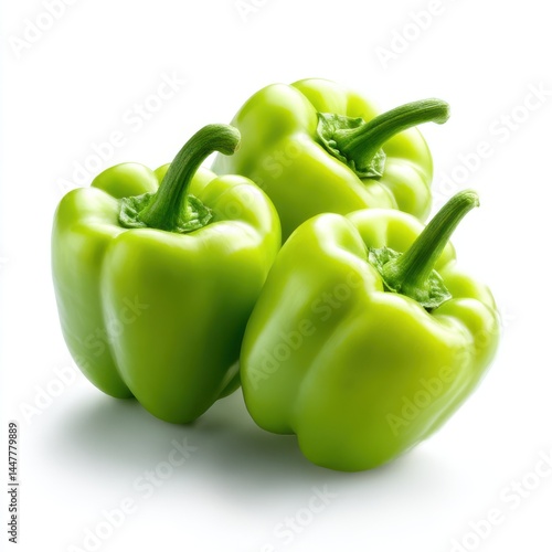 Three green bell peppers close up on white background