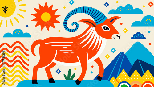 Zodiac sign of Aries illustrated with vibrant colors and sun  