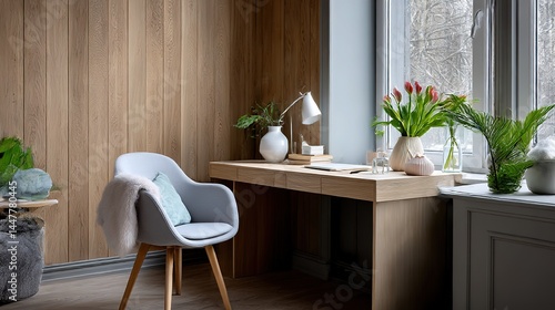 Minimalist home office with wooden wall and natural light, embodying modern simplicity and productivity.
