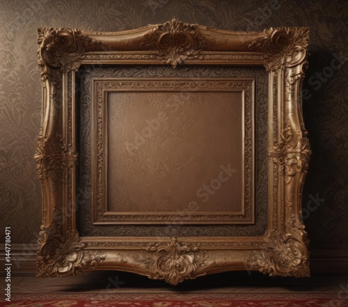 Intricately carved frames against rich damask fabric, elegant, illustration