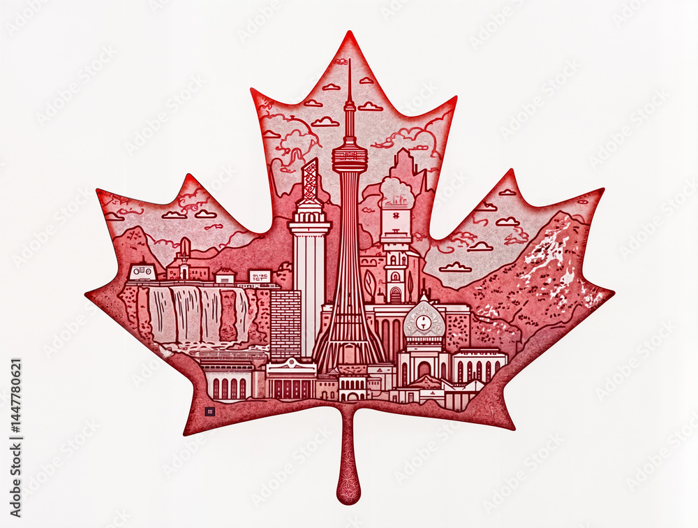Canada Day. Intricate maple leaf composed of Canadian icons - mountains, lakes, moose and northern lights. Red and white detailed illustration perfect for Canada Day celebrations. copy space for text