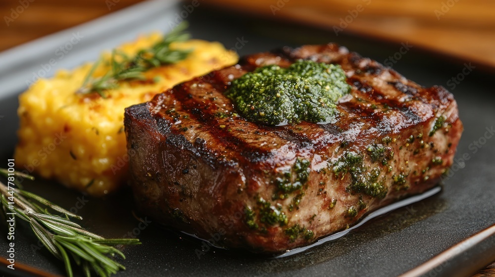 Grilled steak with polenta and herb sauce on a dark plate. Grilled steak with polenta and herb sauce on a dark plate.