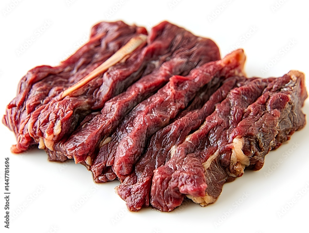 Obraz premium Freshly cut slices of raw red meat lie neatly arranged on a pristine white background ready for cooking.
