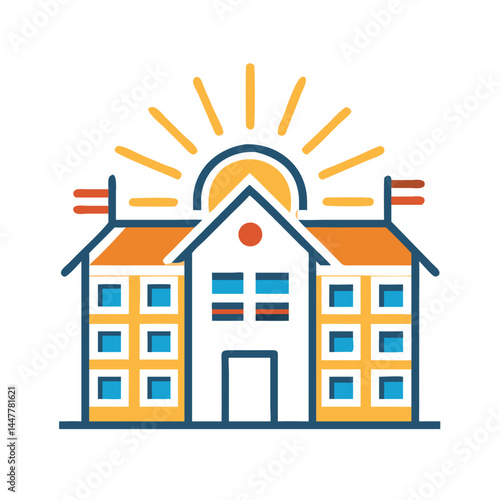 School Building in Sunburst Icon Representing Inspiration and Educational Growth