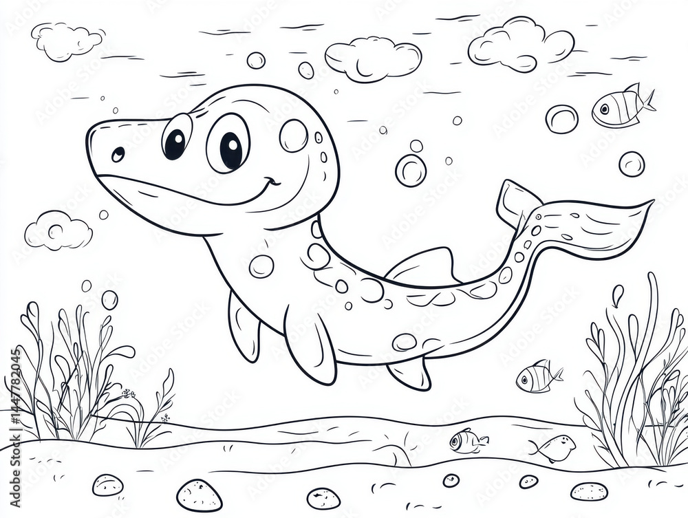 Obraz premium A charming line art illustration in a coloring book style depicting a cute, cartoon plesiosaur-like sea creature 