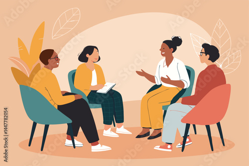 A vector illustration depicting a calm and supportive group therapy session, showcasing diverse individuals engaged in a peaceful discussion.  Focus on a sense of comfort and understanding.