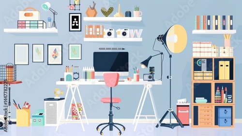 Flat design photography workspace boasts cheerful lights, tidy shelving with cameras, organized props plus a happy editing station.