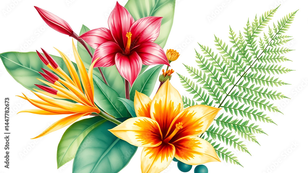 Fototapeta premium Watercolor tropical flowers bouquet of linear etlingera, gold heliconia and fern. Hand painted floral poster isolated on white background. Holiday Illustration for design, print, fabric or background.