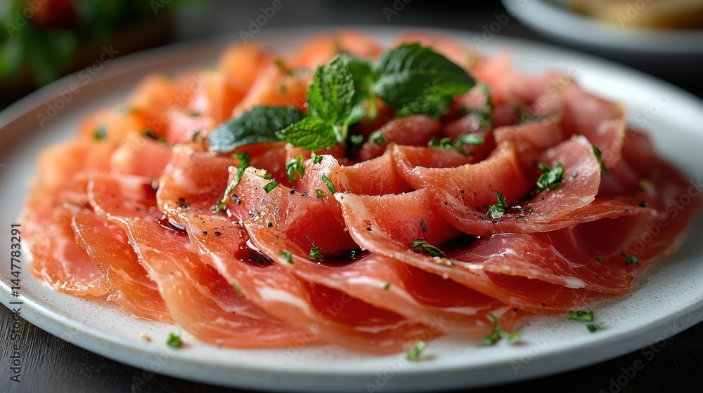 Sliced grapefruit arranged on a plate with herbs garnish close-up shot. Sliced grapefruit arranged on a plate with herbs garnish close-up shot.
