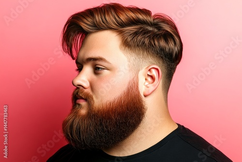 Chic men's slick back with fade haircut - midlife white man with red hair. A man with natural beauty and a confident stance. Conceptual art of style for aging men. Pink solid background.