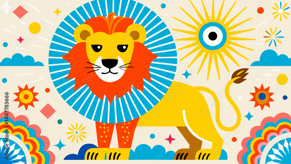 Fototapeta premium Children’s Drawings of Zodiac Lion with Colorful Patterns 