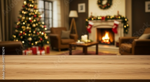 Christmas Living Room with Wooden Table