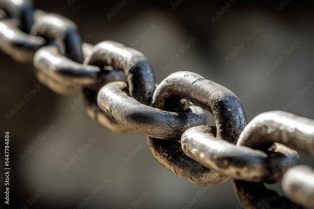 Close-up view of aged metallic chain highlighting texture and detail in bold light Close-up view of aged metallic chain highlighting texture and detail in bold light