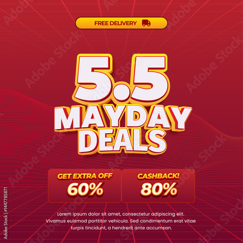 5.5 Mayday Sale discount deals Editable text with Soft dark Red gradient wavy line style Promotion Marketing banner template