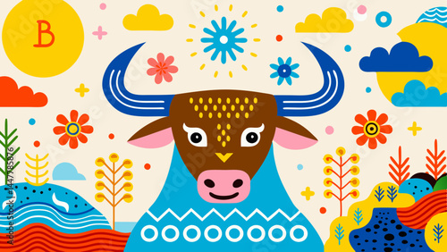 Cute cartoon bull with colorful patterns in a whimsical landscape  