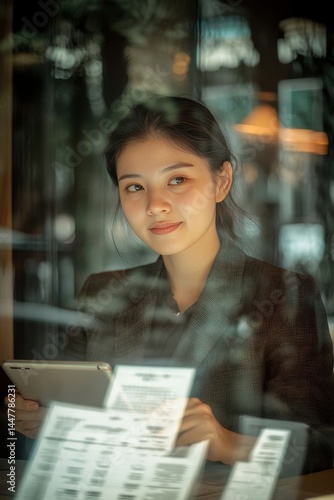 Asian woman in a business attire working on an iPad, engaged in reading or writing.