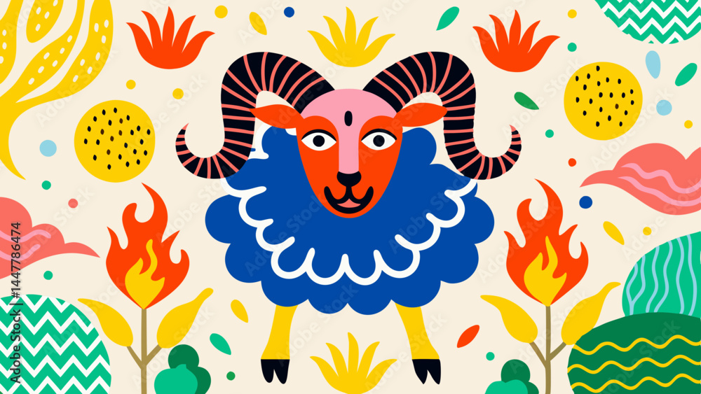 Fototapeta premium Colorful Aries Zodiac Sign Illustration Featuring Cute Designs 