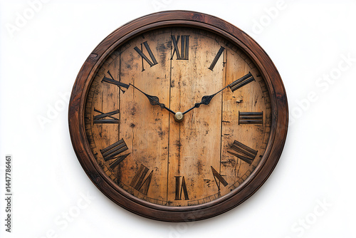 old and antique wall clock made of wood on a white background