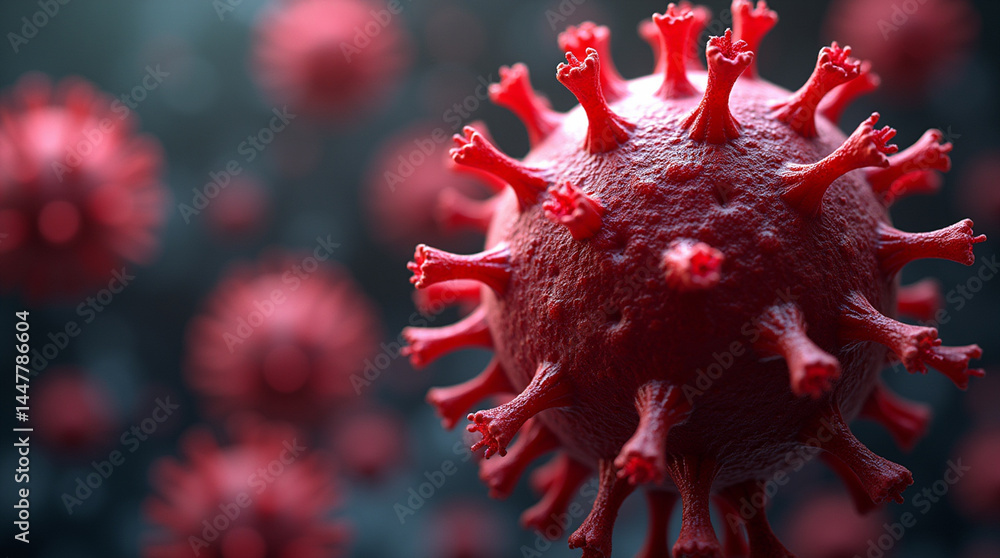 Close-up and micro photography of a muscular T-cell surrounded by viruses, heroic lighting, symbolizing immune response Close-up and micro photography of a muscular T-cell surrounded by viruses, heroic lighting, symbolizing immune response