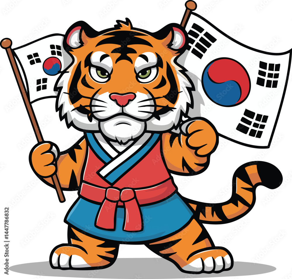 Naklejka premium Korean Tiger Martial Artist with Flag Vector Illustration