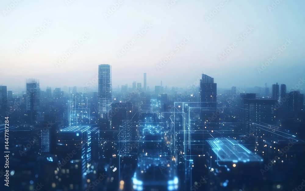 未来的な都市の夜景 青い光と高層ビルの風景 テクノロジーとデジタルデザインの都市景観 未来的な都市の夜景 青い光と高層ビルの風景 テクノロジーとデジタルデザインの都市景観