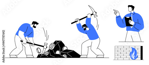 Men using hammer and pickaxe to extract coal while a supervisor oversees work near a symbolic furnace. Ideal for industry, energy, teamwork, supervision, labor, mining, resource extraction. Flat