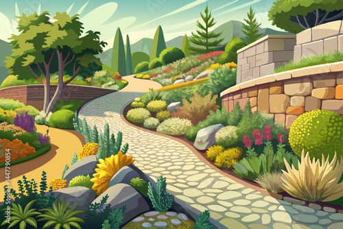 Amazing Landscaped garden with curved stone retaining wall vector. Planting perennials, rock gardens. Gravel path. Beige, grey tones. Good for country style homes, illustration background