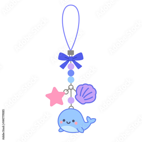 Vector illustration of a cute whale charm with a star and shell. Kawaii ocean-themed keychain with pastel colors, bow, and beads. Ideal for children’s gifts and accessories.