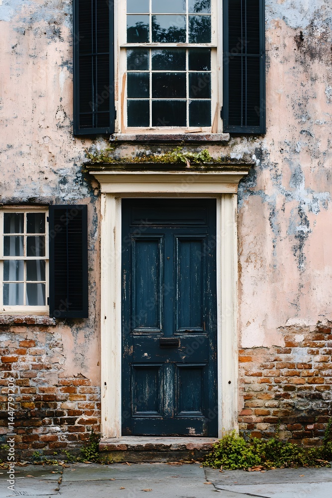 Historical Charm: A weathered building's aged facade is a testament to the passage of time, the vintage window and door, along with aged brickwork convey a sense of timeless elegance and heritage. Historical Charm: A weathered building's aged facade is a testament to the passage of time, the vintage window and door, along with aged brickwork convey a sense of timeless elegance and heritage.