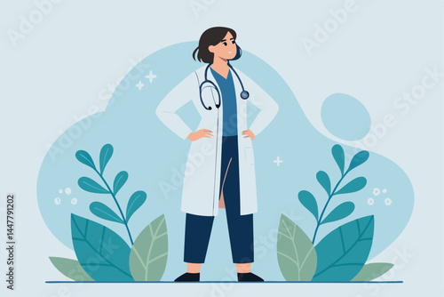 Create a modern, minimalist vector illustration of a confident female doctor, showcasing professionalism and empathy.  Include subtle medical details.