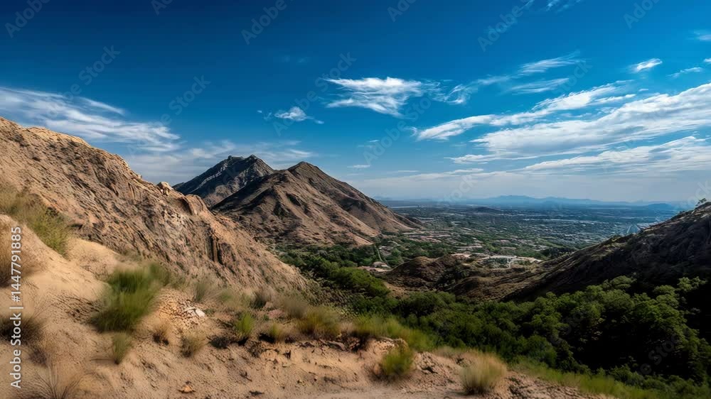 Mountain range landscape with arid desert foreground and city view under bright blue sky Mountain range landscape with arid desert foreground and city view under bright blue sky