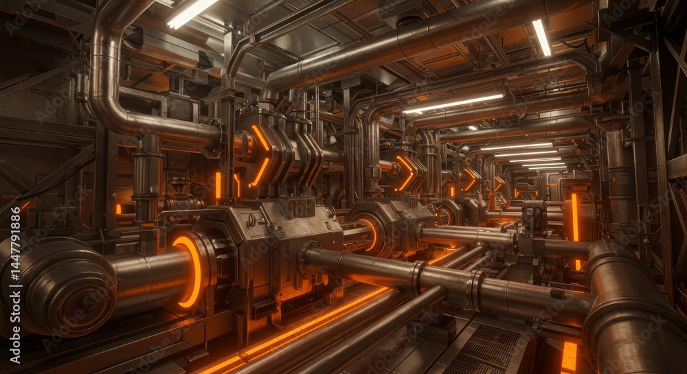 Fototapeta premium Advanced Industrial Pipeline System - Futuristic factory, automation, engineering, technology, glowing orange pipes. Symbolizes progress, innovation, efficiency, power, and industry