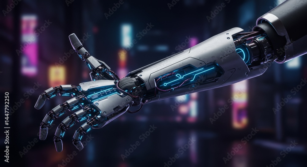 Advanced Robotic Hand Reaching Out - Close-up of a futuristic robotic hand with glowing blue circuits, extending towards the viewer against a blurred city backdrop Advanced Robotic Hand Reaching Out - Close-up of a futuristic robotic hand with glowing blue circuits, extending towards the viewer against a blurred city backdrop