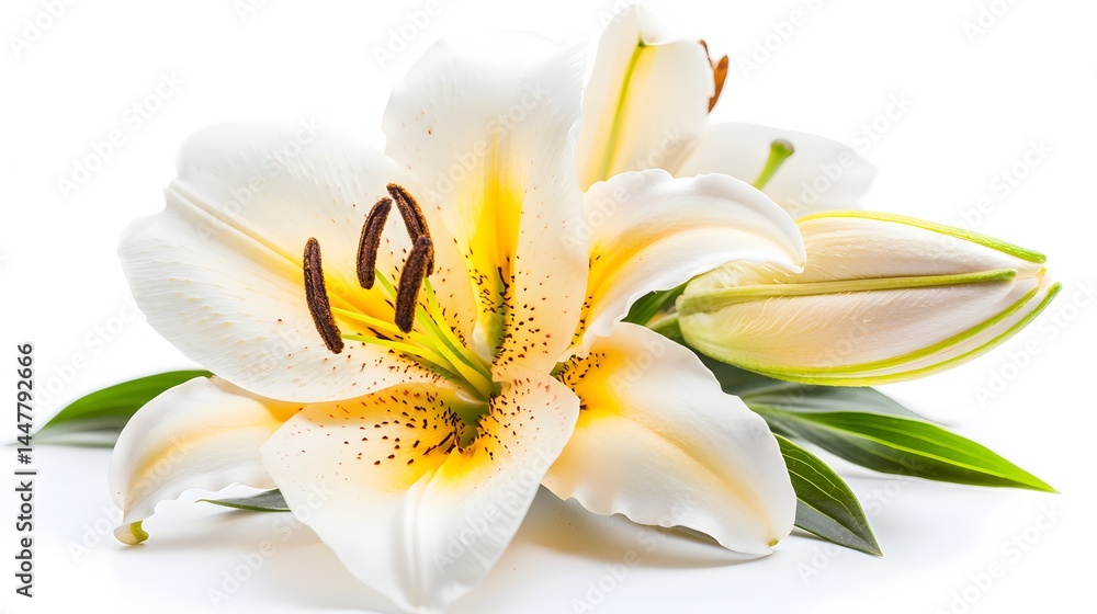 Fototapeta premium Elegant White Lily Flower with Yellow Hues Against a Clean White Background