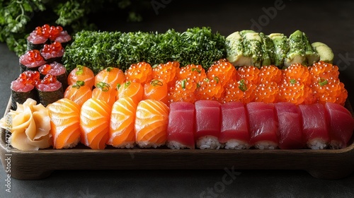 Wallpaper Mural Sushi platter with various rolls and toppings on a dark background. Torontodigital.ca