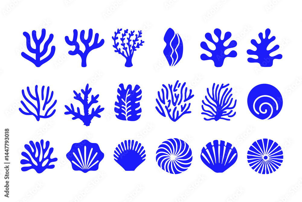 Set of Coral and Seashell Silhouettes, Marine Vector Icons Featuring Various Coral Shapes, Spiral Shells, Sea Fans, and Ocean-Inspired Decorative Elements. Set of Coral and Seashell Silhouettes, Marine Vector Icons Featuring Various Coral Shapes, Spiral Shells, Sea Fans, and Ocean-Inspired Decorative Elements.
