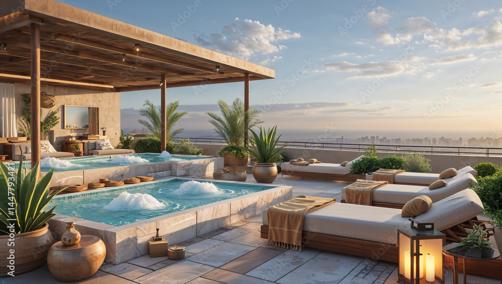 Fototapeta premium Luxurious rooftop spa oasis featuring pools loungers plants and city view in the evening