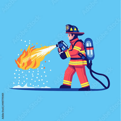 A firefighter sprays water on a fire in a cartoon style.