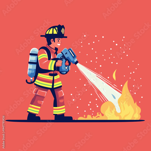 A firefighter sprays water on a fire in a cartoon style.