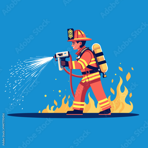 A firefighter sprays water on a fire in a cartoon style.
