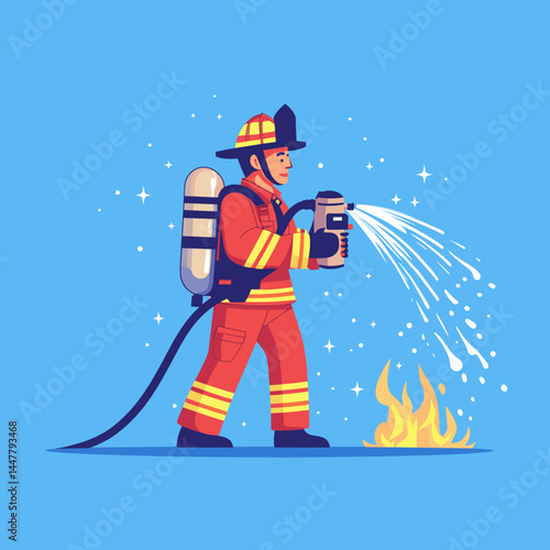 A firefighter sprays water on a fire in a cartoon style.