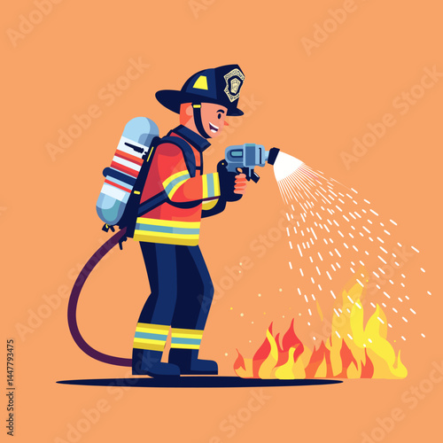 A firefighter sprays water on a fire in a cartoon style.