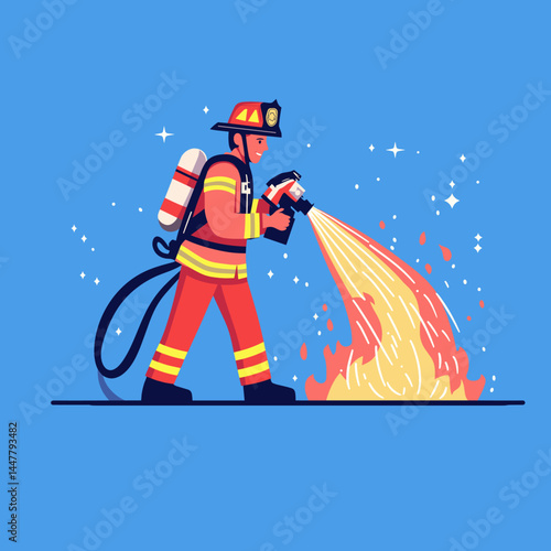 A firefighter sprays water on a fire in a cartoon style.