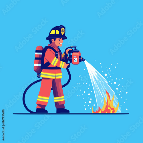 A firefighter sprays water on a fire in a cartoon style.