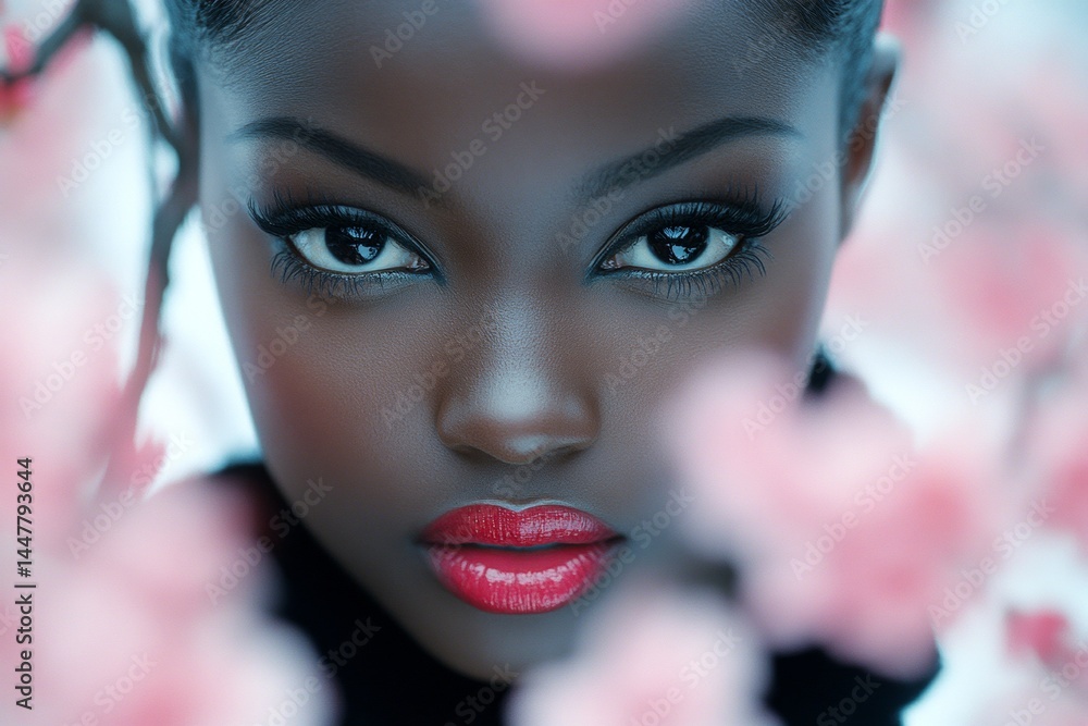 Commercial marketing idea. Spring mood, early sunshine and fog. Attractive black young woman surrounded by cherry blossoms. Spring commercial photo shoot with woman and flowers.