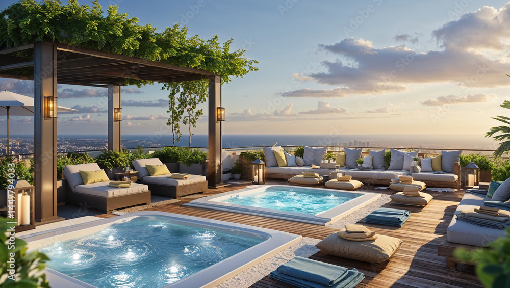 Fototapeta premium Luxurious rooftop spa oasis with jacuzzis loungers and stunning ocean view