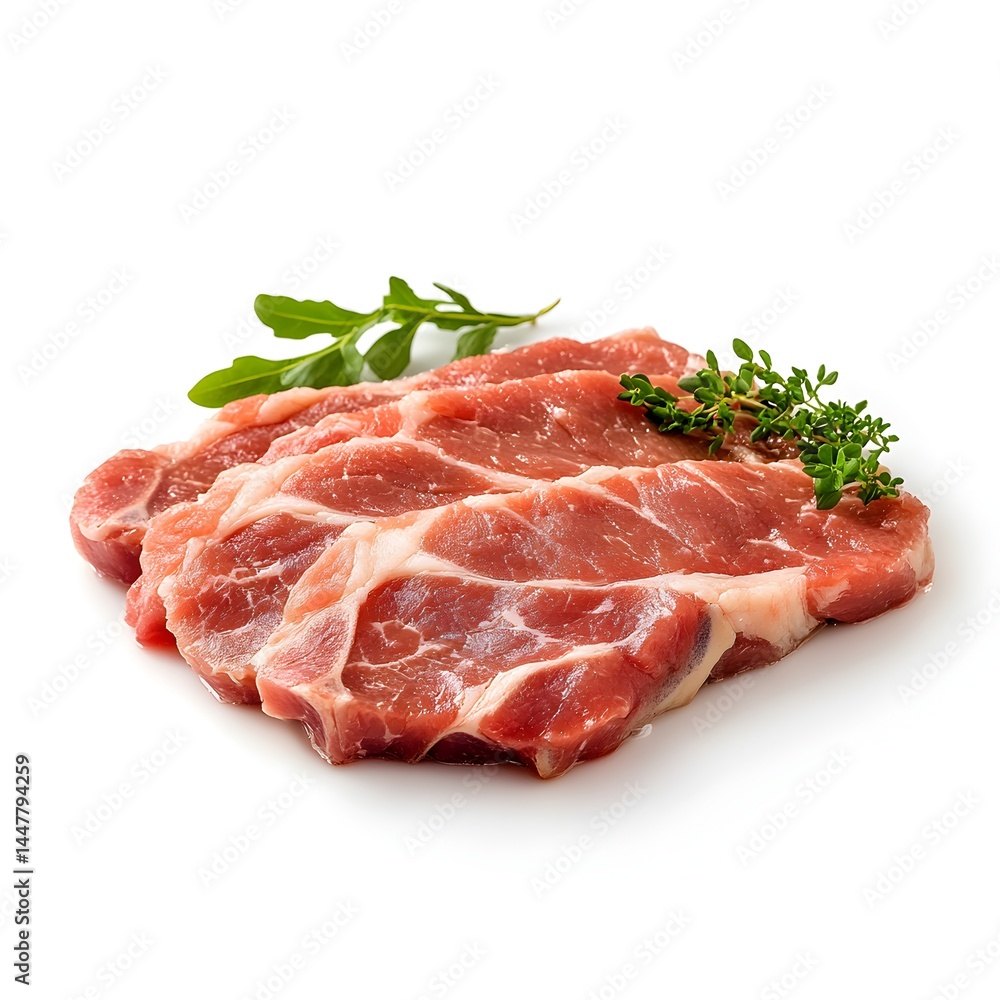 Four succulent raw pork chops seasoned with fresh thyme and arugula ready for grilling or pan-frying. Four succulent raw pork chops seasoned with fresh thyme and arugula ready for grilling or pan-frying.