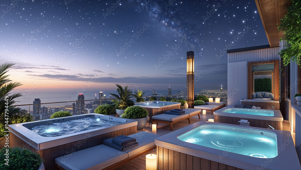 Fototapeta premium Luxurious rooftop spa with city view under a starry sky at twilight