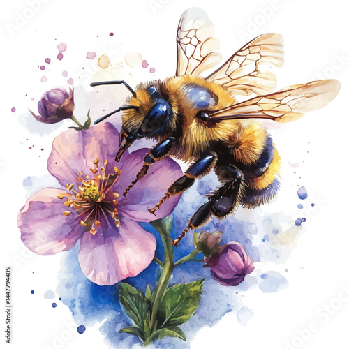 illustration of Honeybee Hovering Near A Blooming Flower, watercolor vector, isolated on a white background.